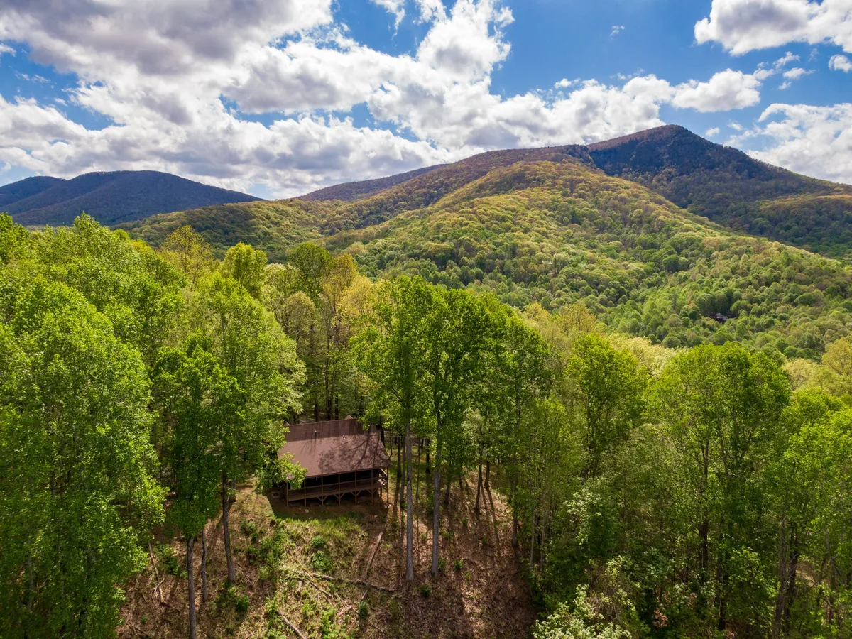 This image features the cabin nestled among trees with a stunning backdrop of mountain ranges, emphasizing the peaceful natural setting. The view suggests opportunities for hiking, relaxing outdoors, and enjoying wildlife—all in a tranquil atmosphere that supports both relaxation and inspiration.