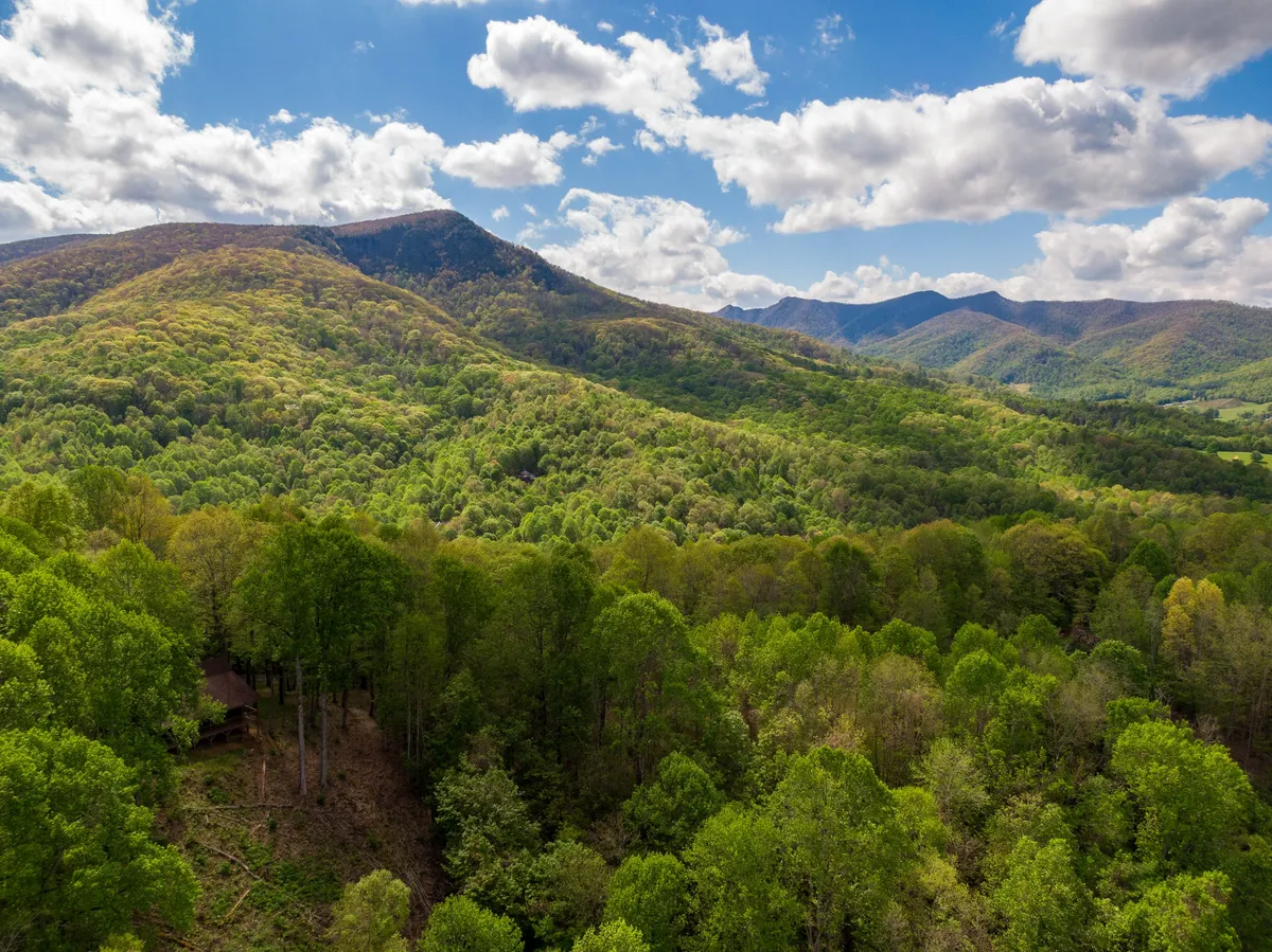 Sweeping views of rolling hills, dense forests, and distant mountains stretch beneath a cloudy sky, capturing the region's natural beauty and sense of wide-open exploration.